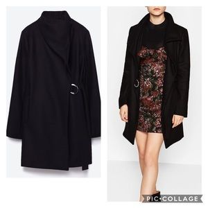 Zara Wool Wrap Coat Flap Collar Navy